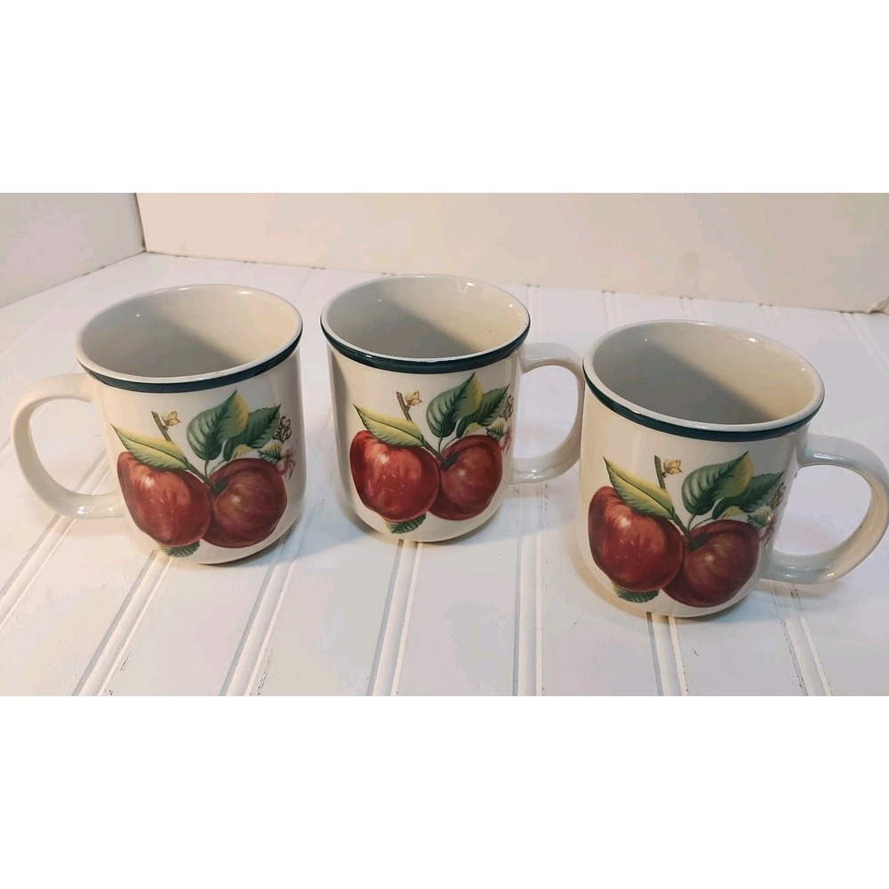 3 Vintage China Pearl‎ Casuals Apple Mug Coffee Tea Stoneware Cottage Farmhouse
